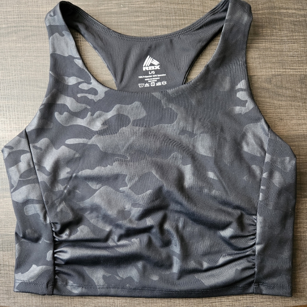 RBX Womens Black Racerback Camo Sports Bra  CropTop NWT Large